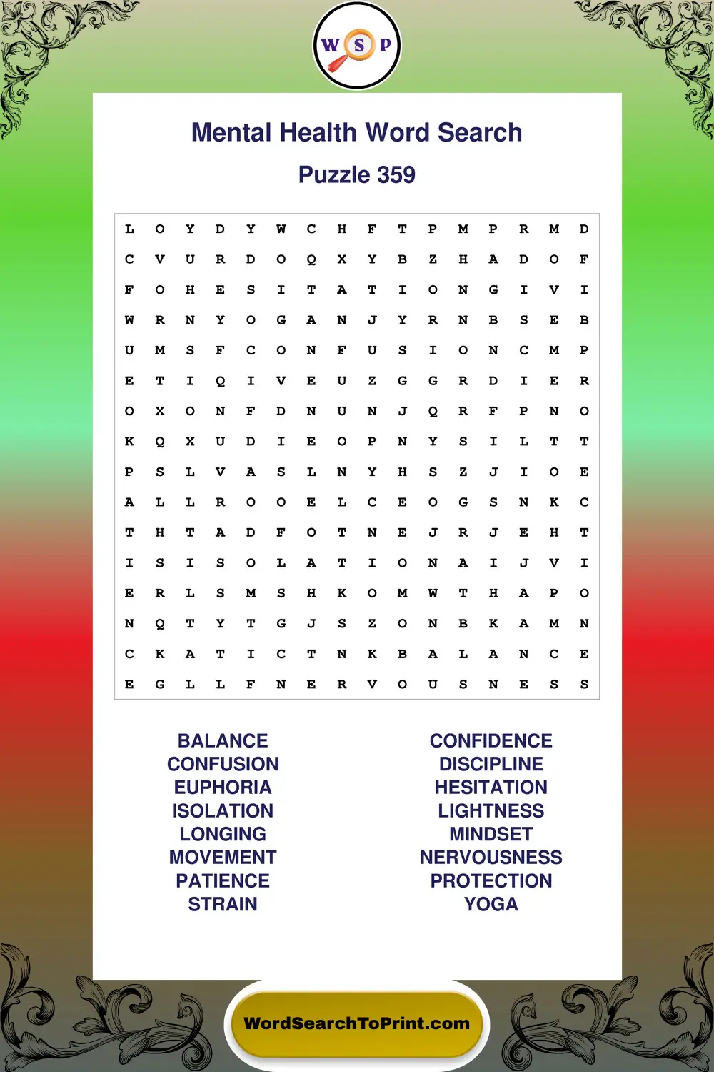 Mental Health Word Search Puzzle 359