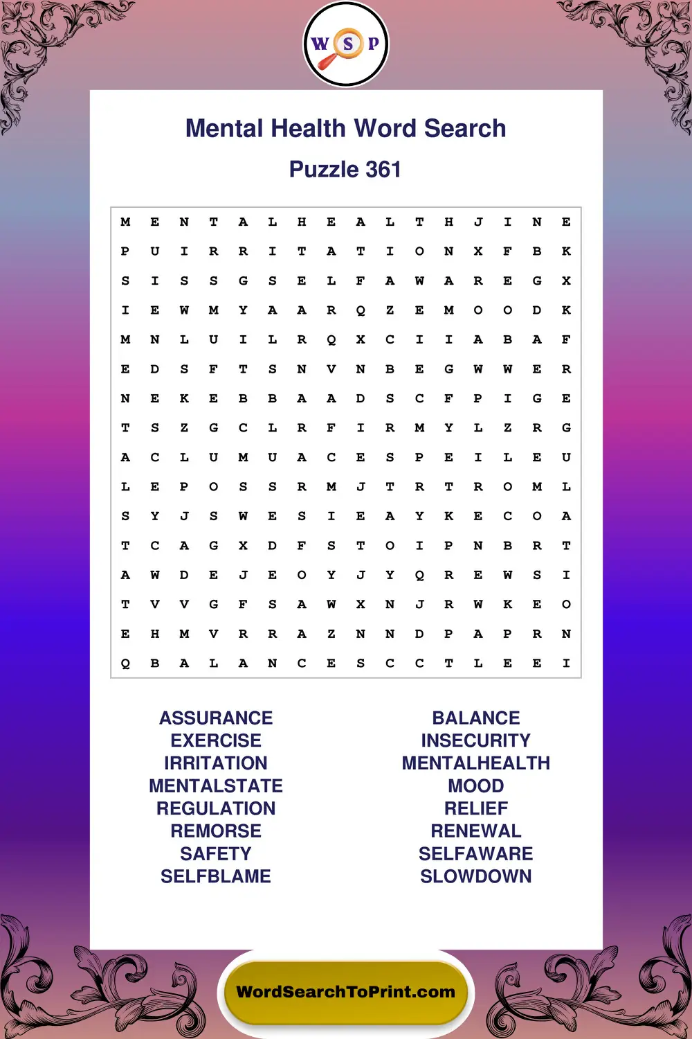 Mental Health Word Search Puzzle 361