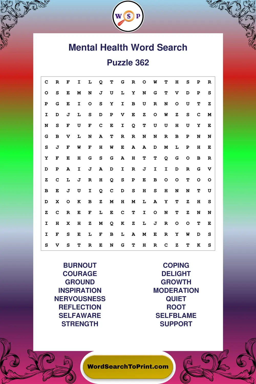 Mental Health Word Search Puzzle 362