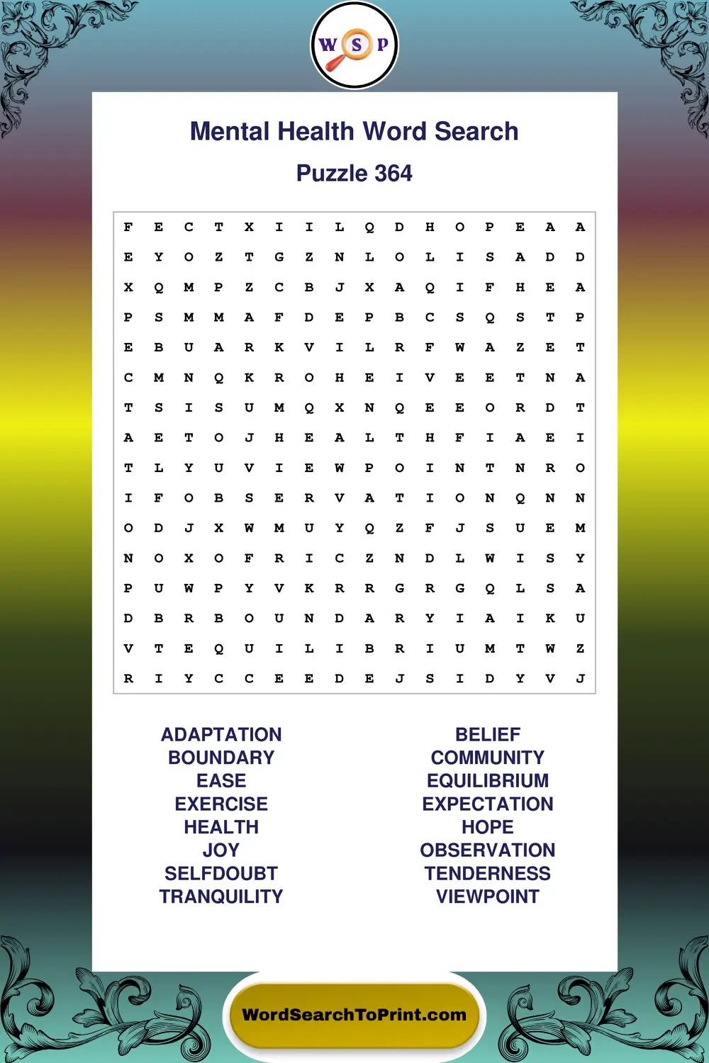 Mental Health Word Search Puzzle 364