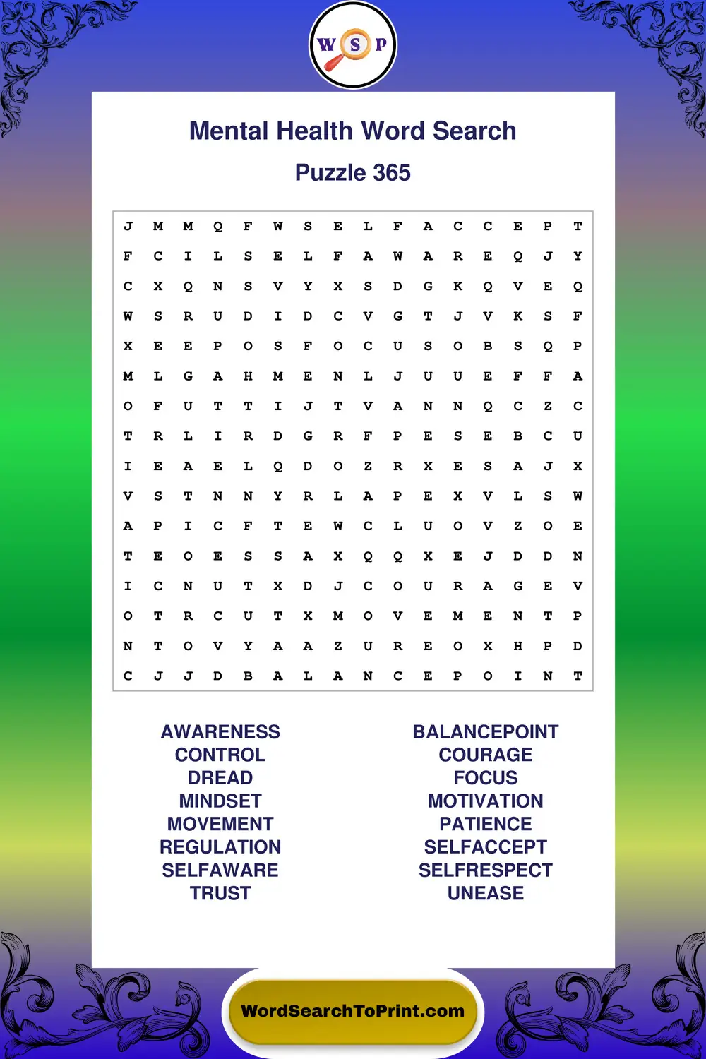 Mental Health Word Search Puzzle 365