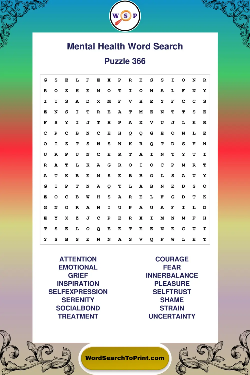 Mental Health Word Search Puzzle 366