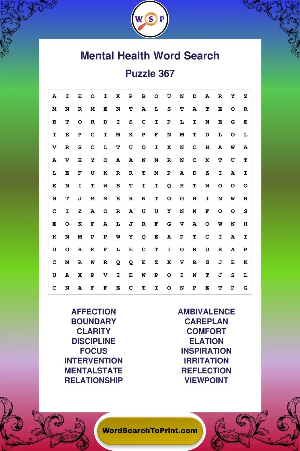 Mental Health Word Search Puzzle 367