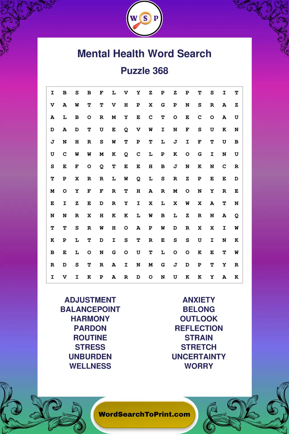 Mental Health Word Search Puzzle 368