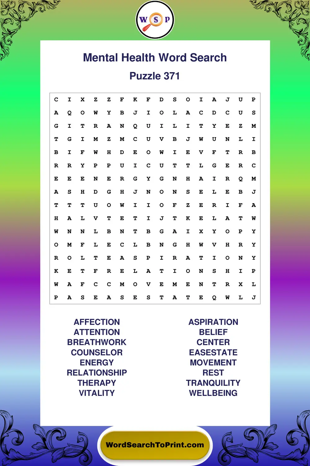 Mental Health Word Search Puzzle 371