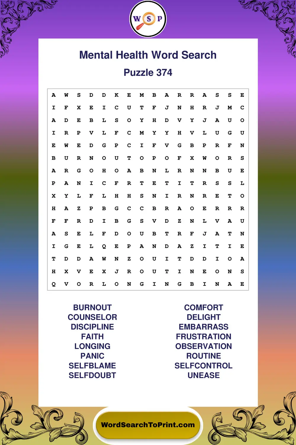 Mental Health Word Search Puzzle 374