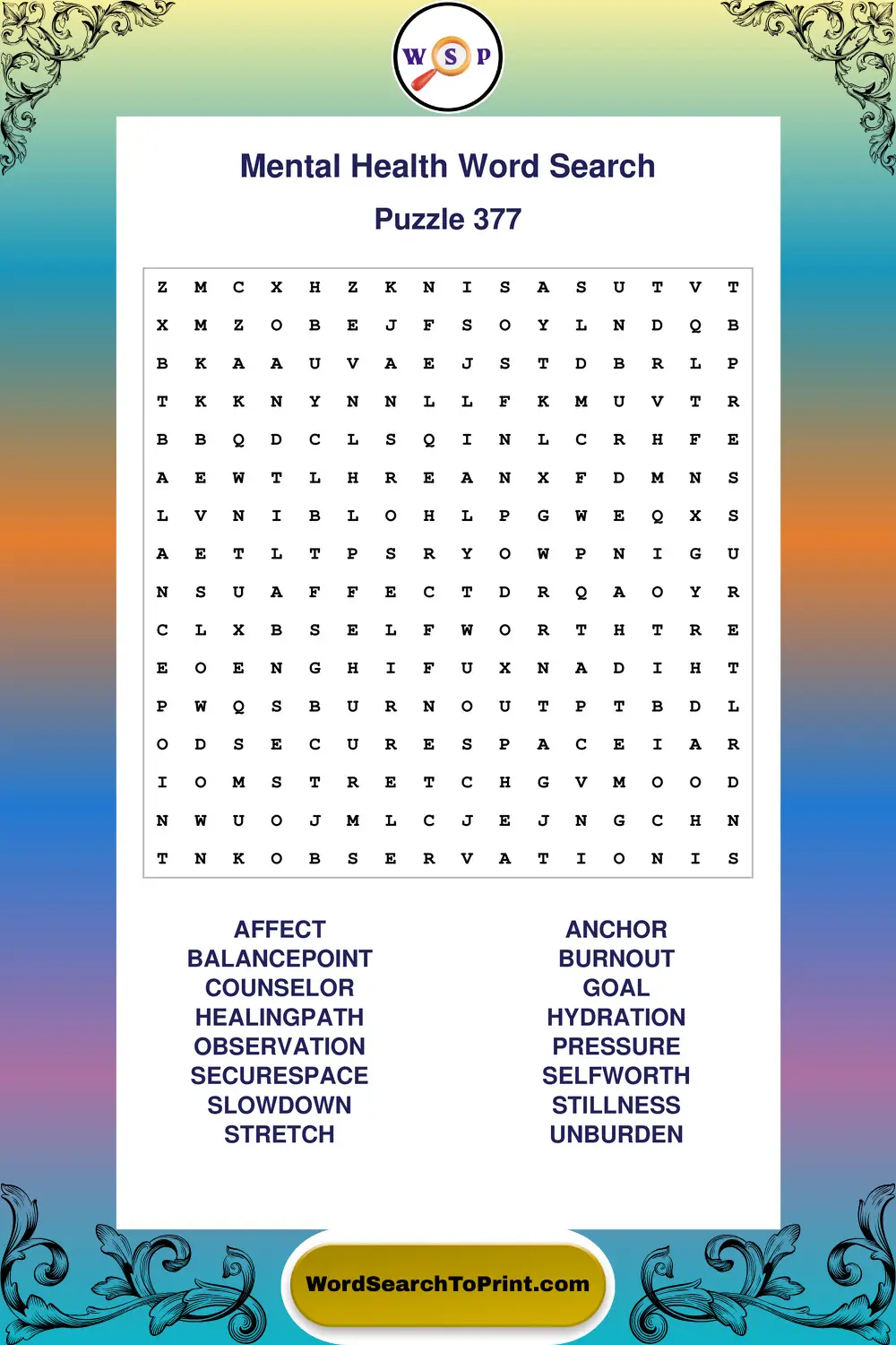 Mental Health Word Search Puzzle 377