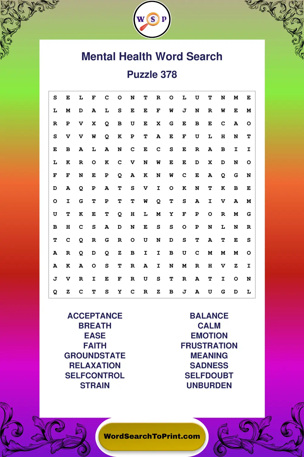 Mental Health Word Search Puzzle 378