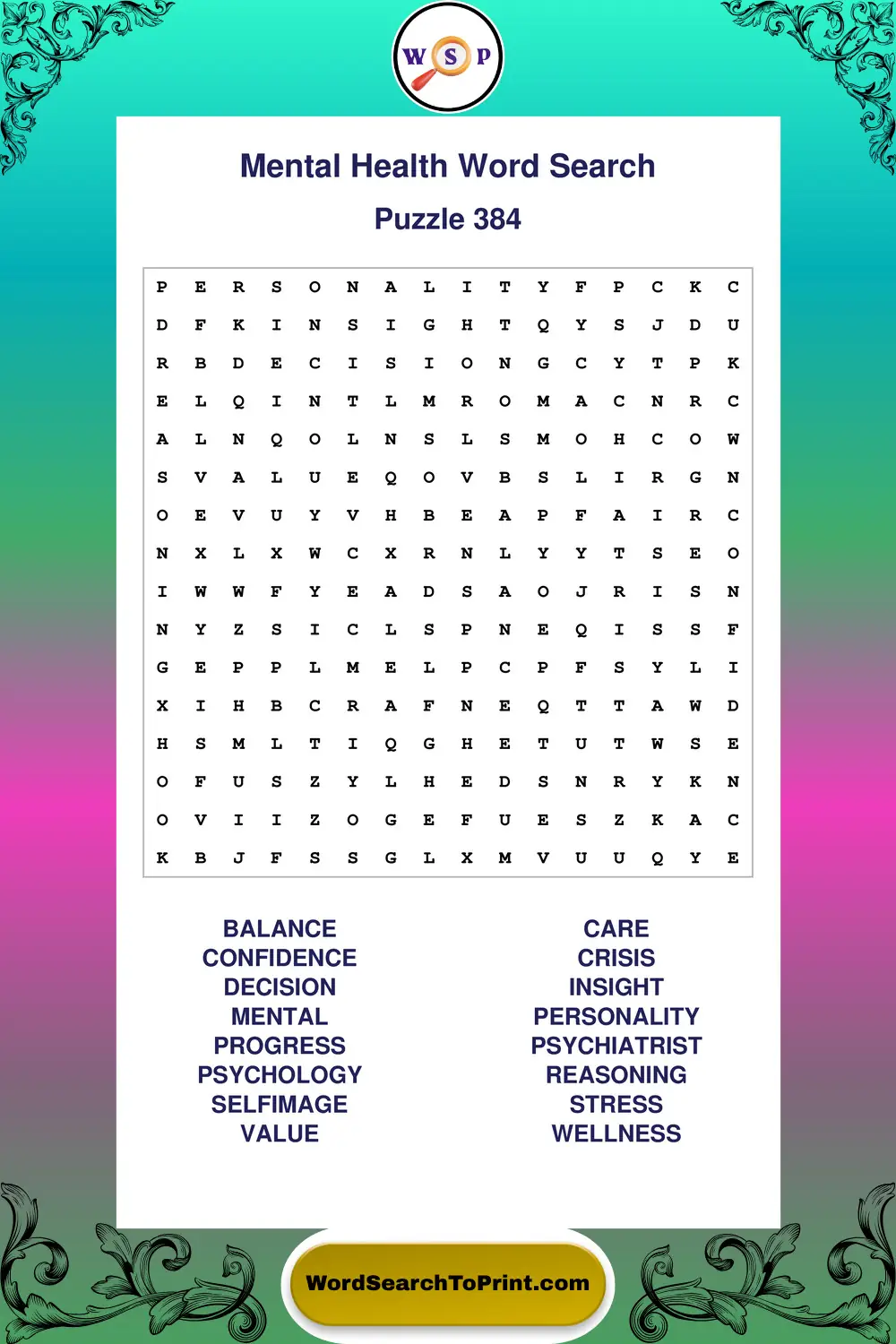 Mental Health Word Search Puzzle 384