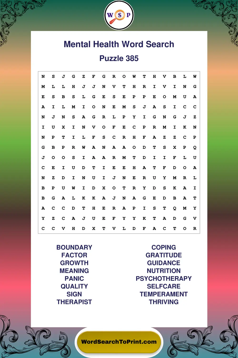 Mental Health Word Search Puzzle 385