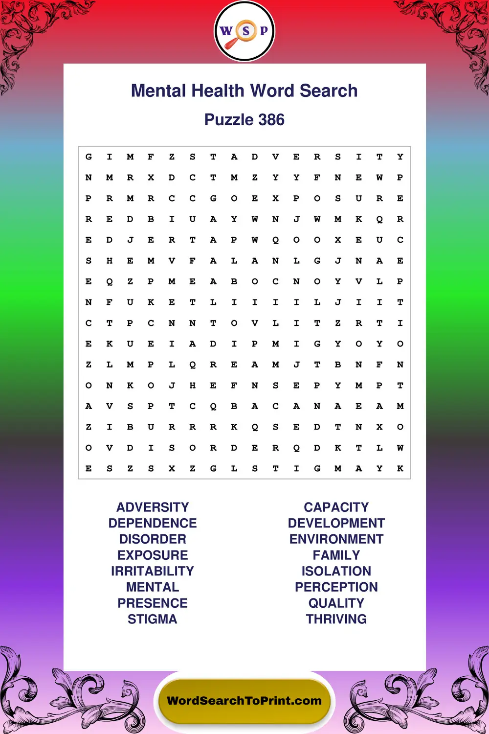 Mental Health Word Search Puzzle 386