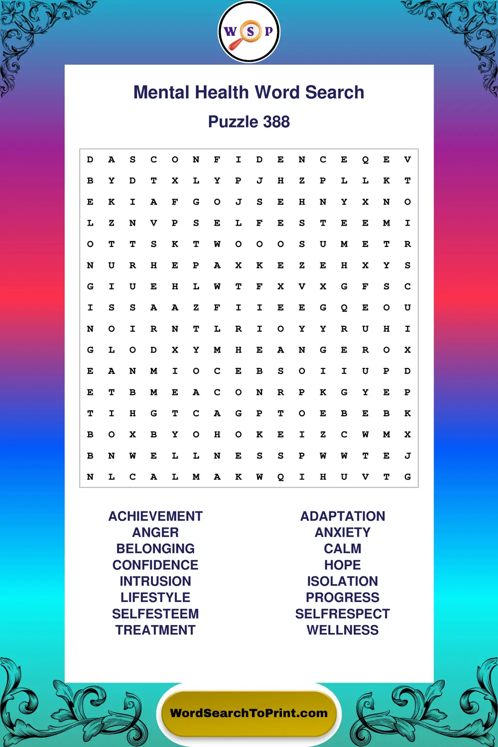 Mental Health Word Search Puzzle 388