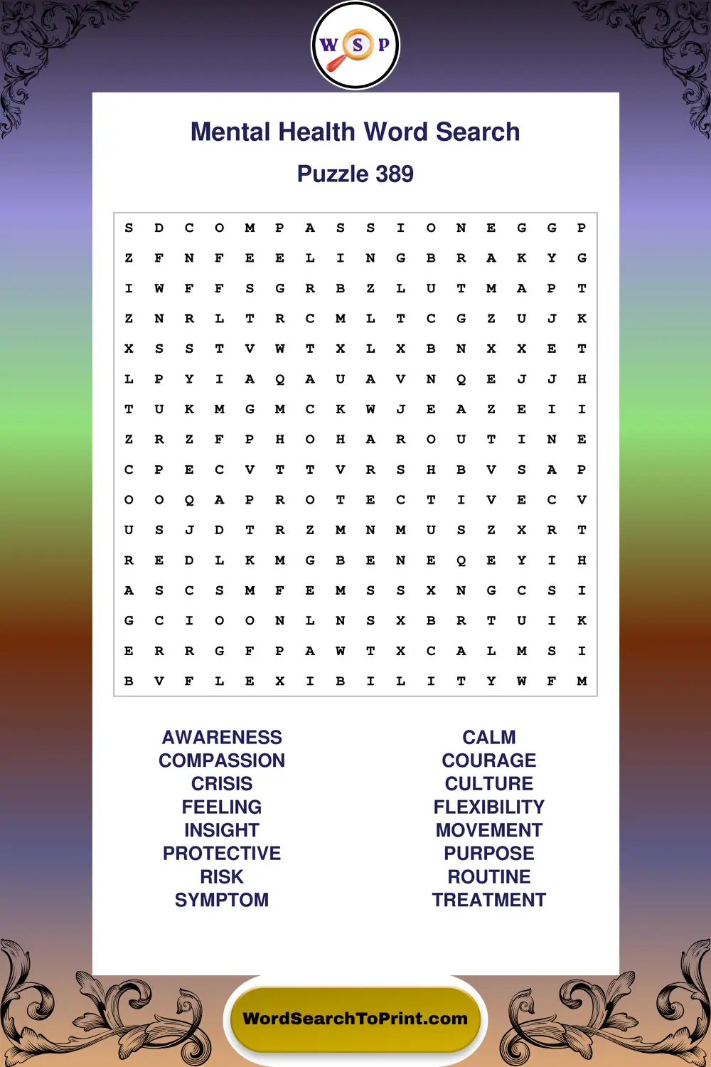 Mental Health Word Search Puzzle 389
