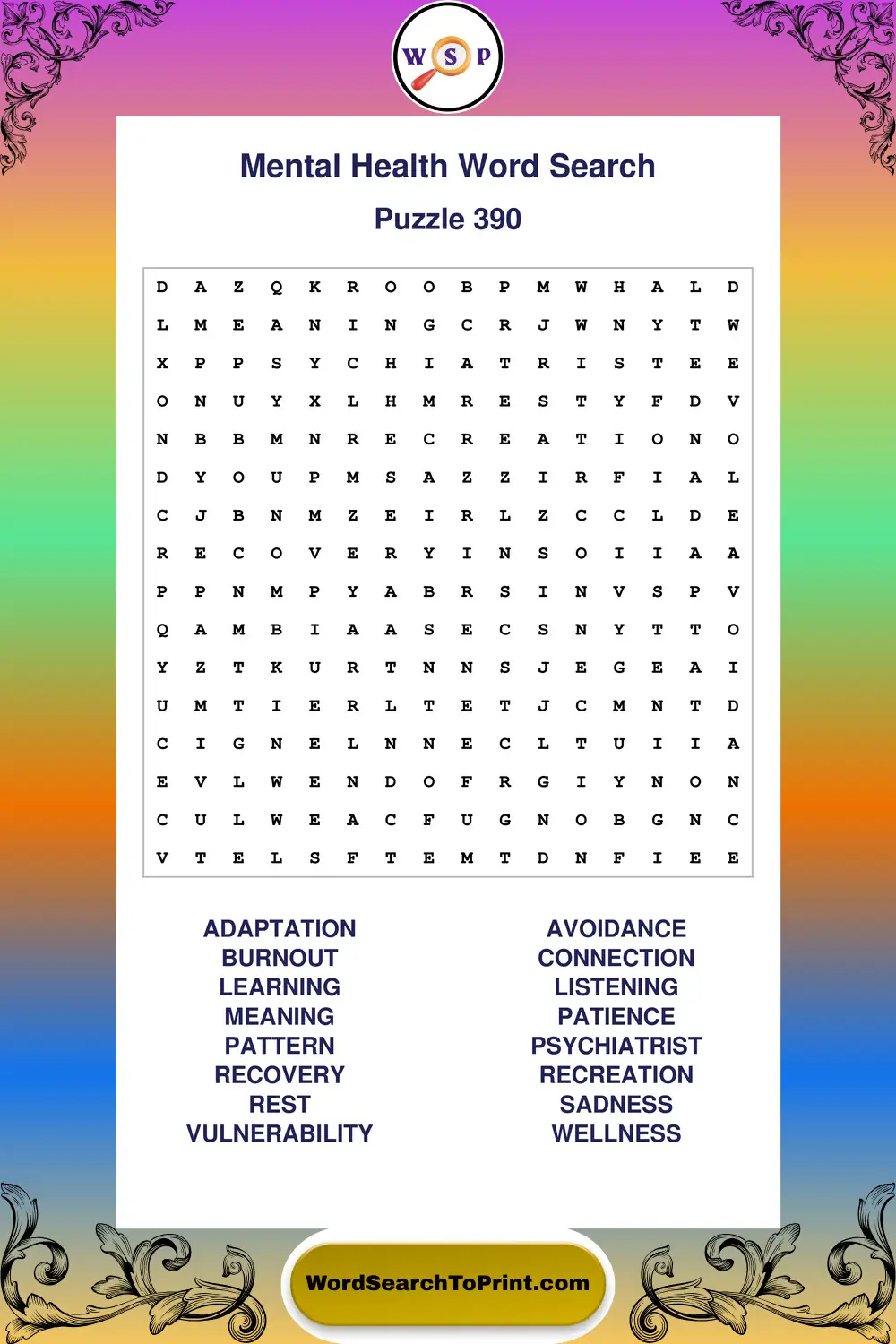 Mental Health Word Search Puzzle 390