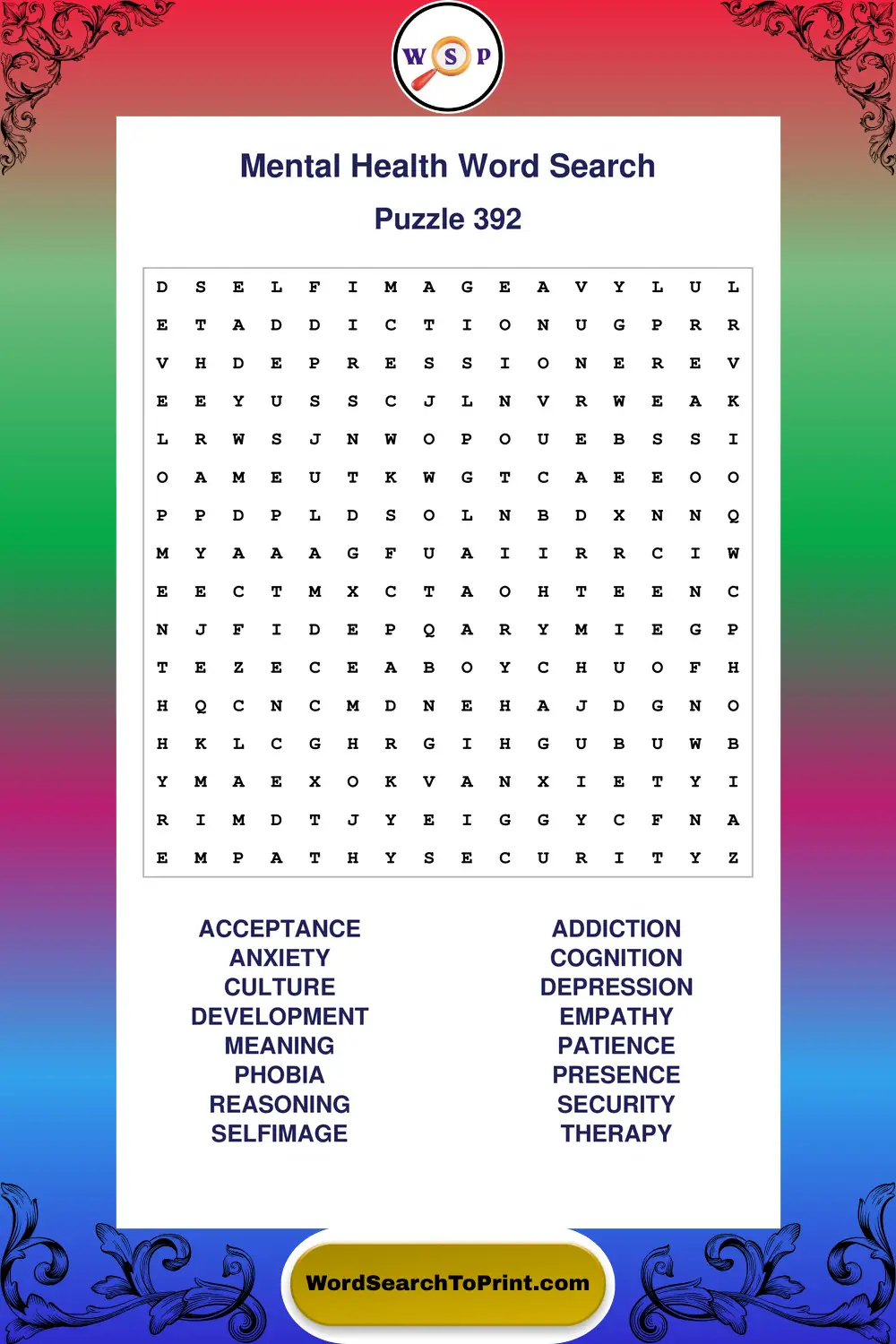 Mental Health Word Search Puzzle 392