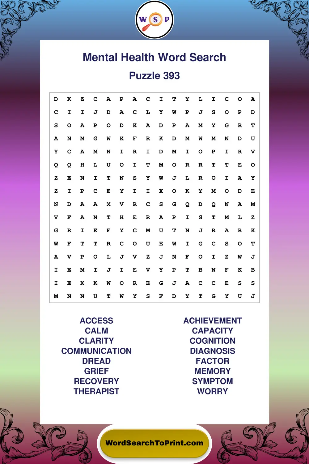 Mental Health Word Search Puzzle 393
