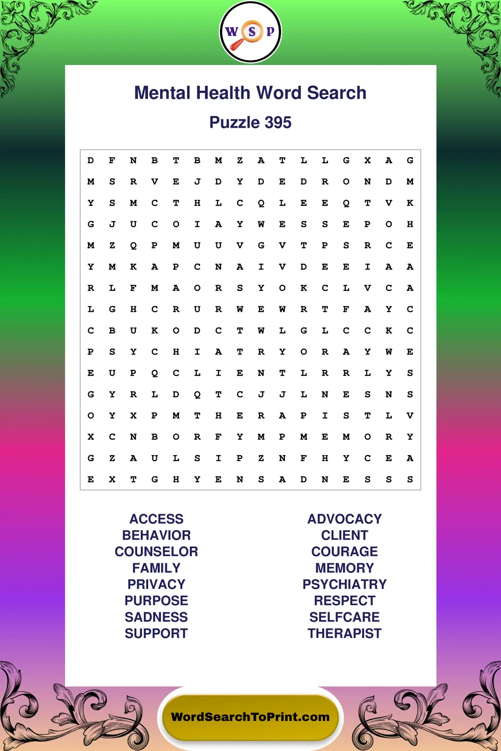 Mental Health Word Search Puzzle 395