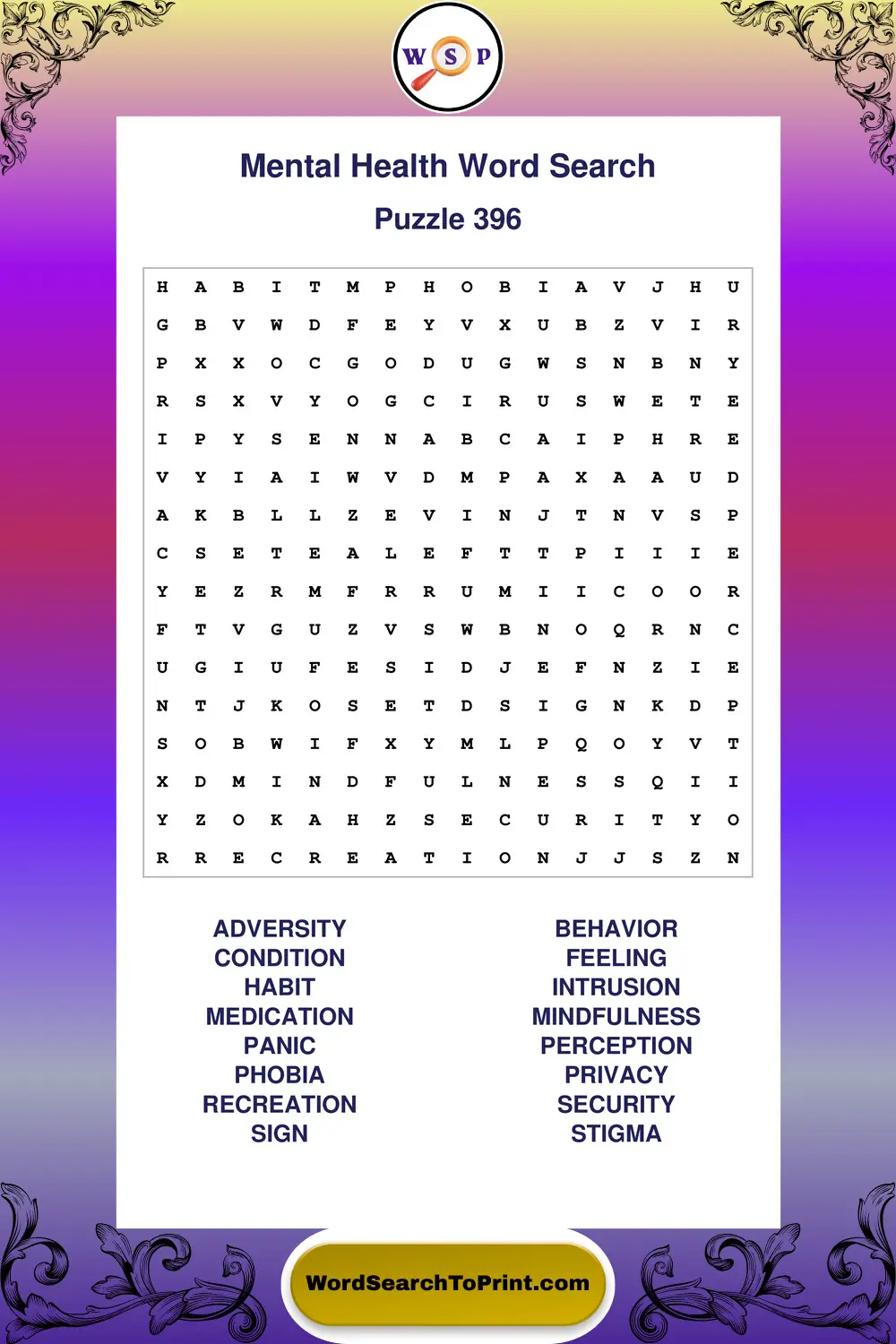 Mental Health Word Search Puzzle 396