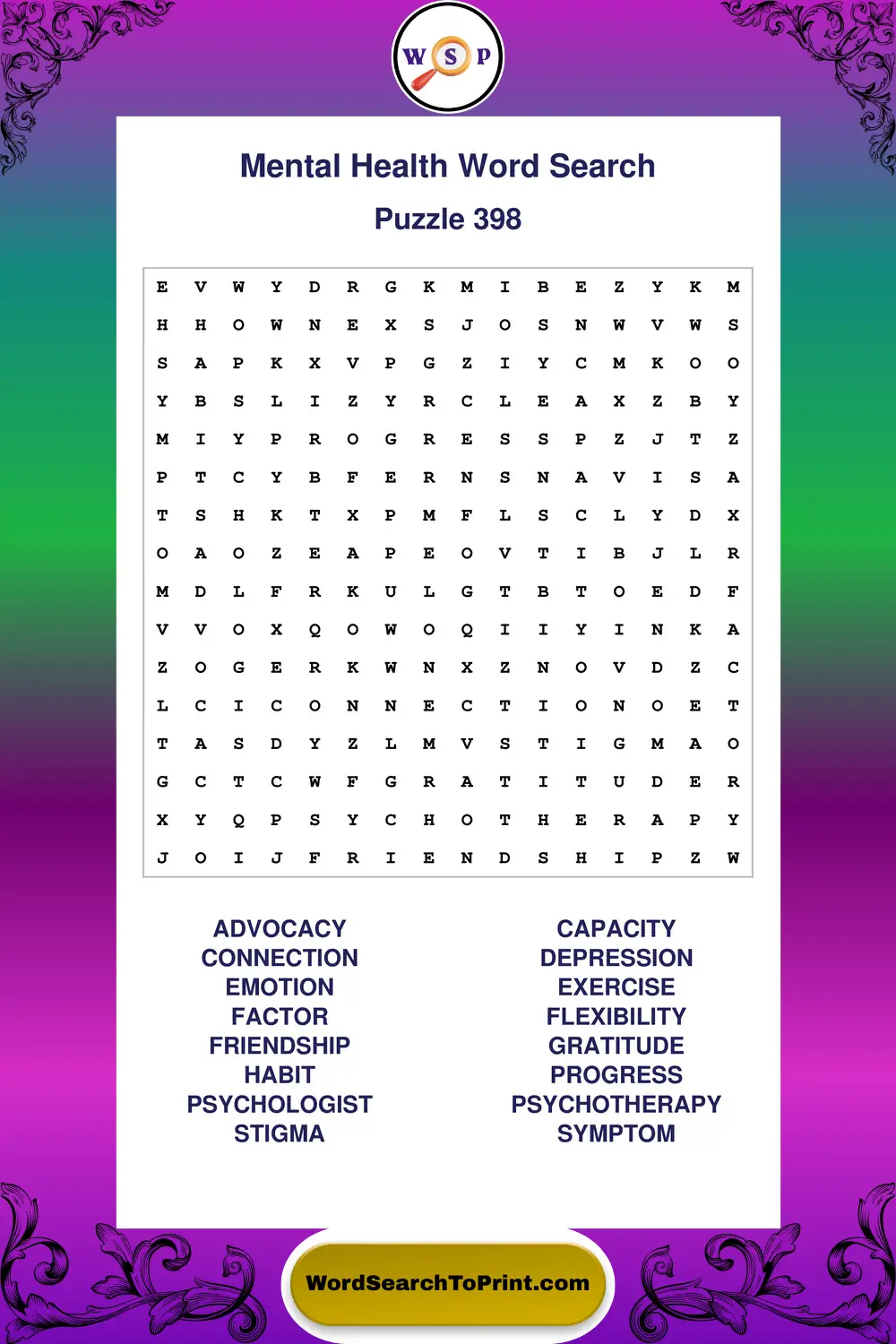 Mental Health Word Search Puzzle 398