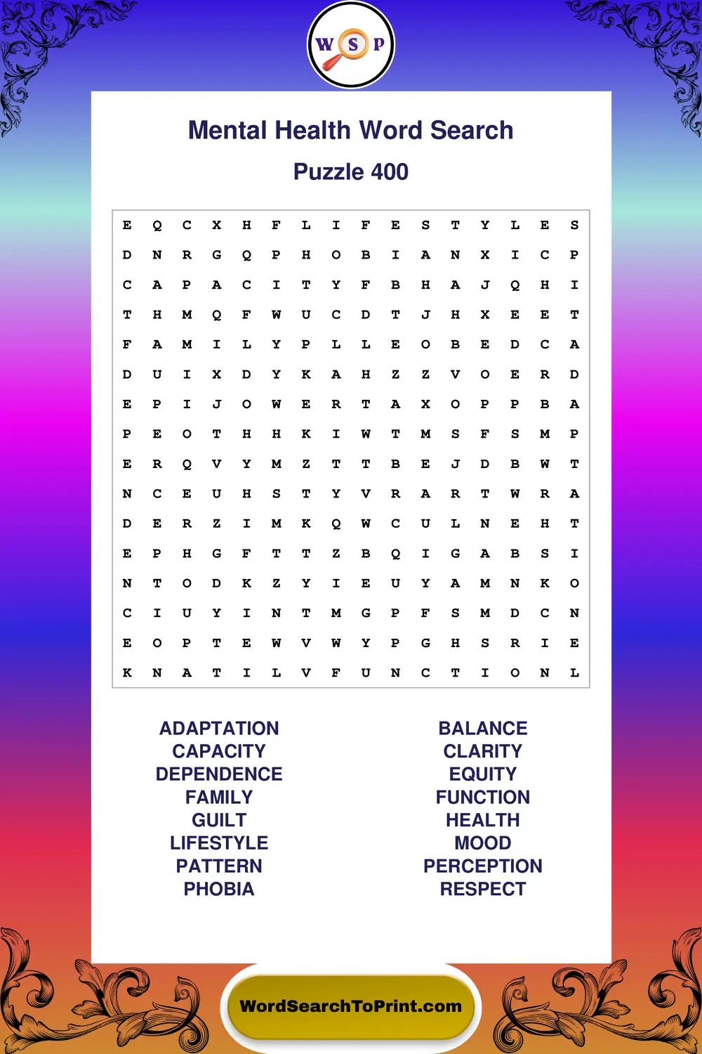 Mental Health Word Search Puzzle 400