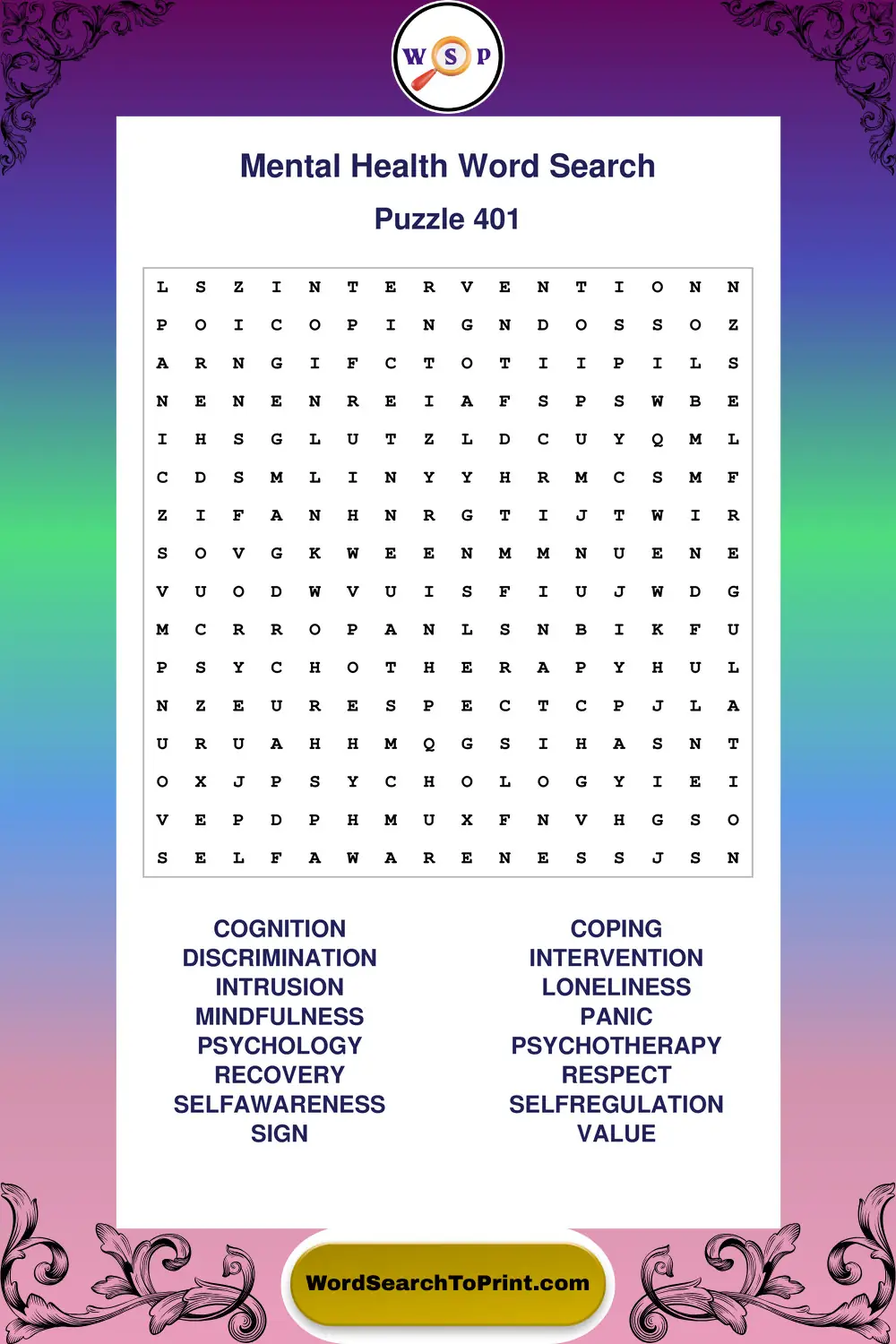 Mental Health Word Search Puzzle 401