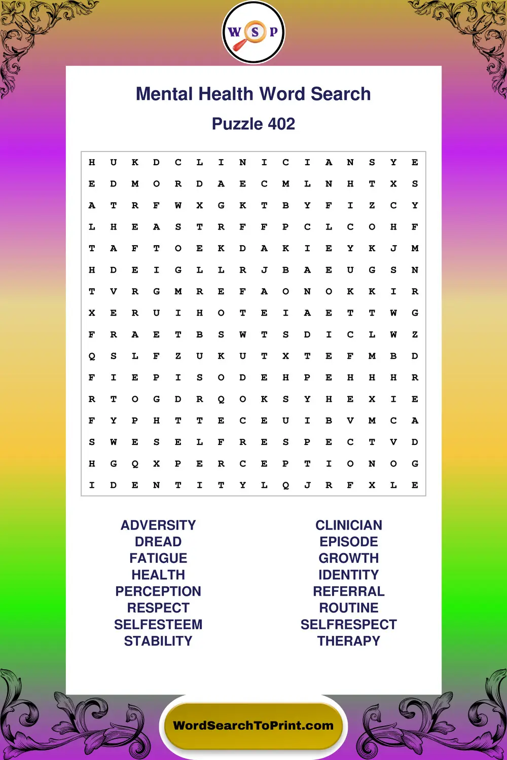 Mental Health Word Search Puzzle 402