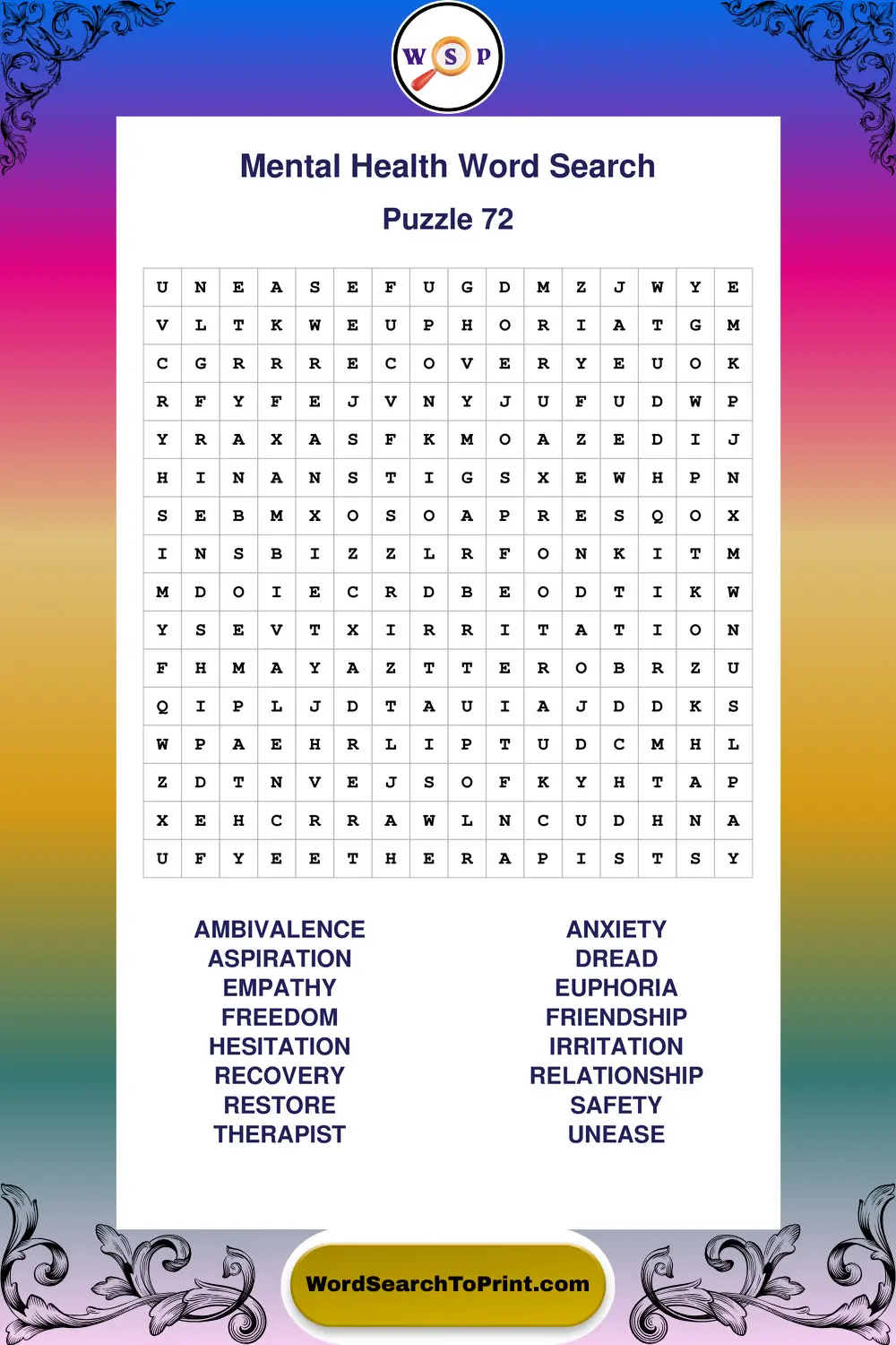 Mental Health Word Search Puzzle 72