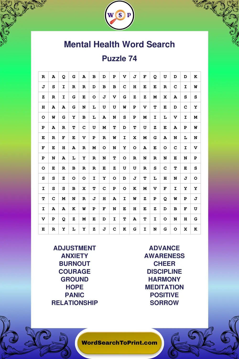 Mental Health Word Search Puzzle 74