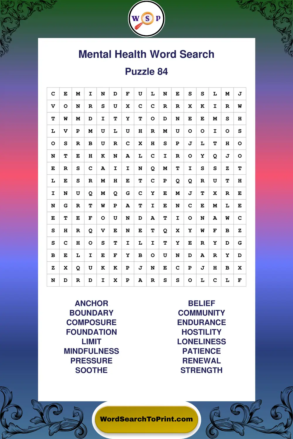 Mental Health Word Search Puzzle 84