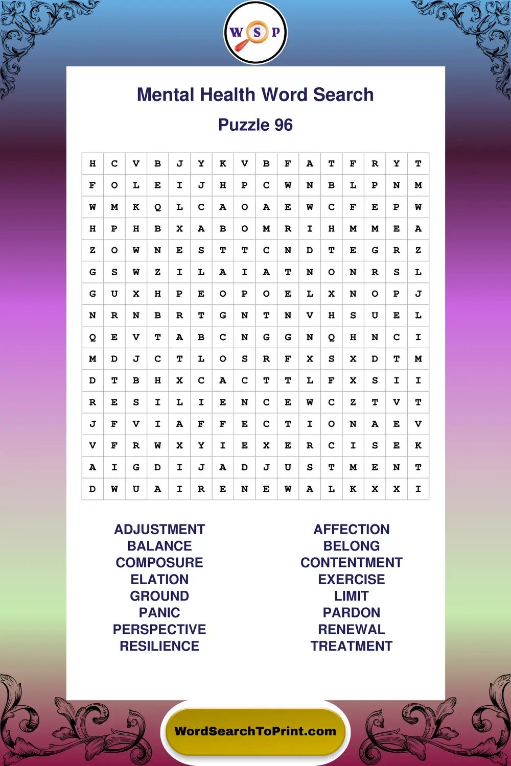 Mental Health Word Search Puzzle 96