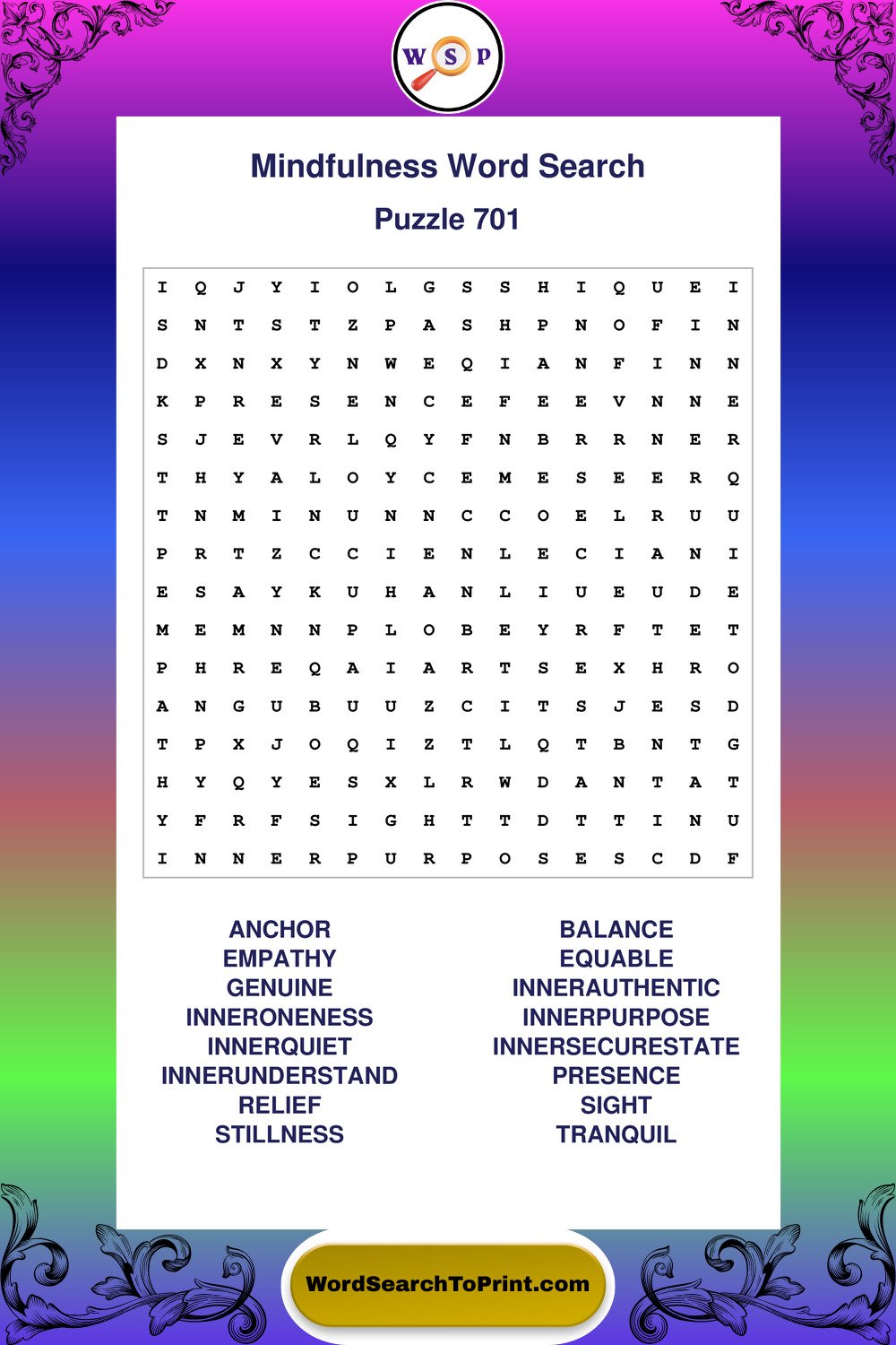 Mindfulness Word Search Puzzle 701