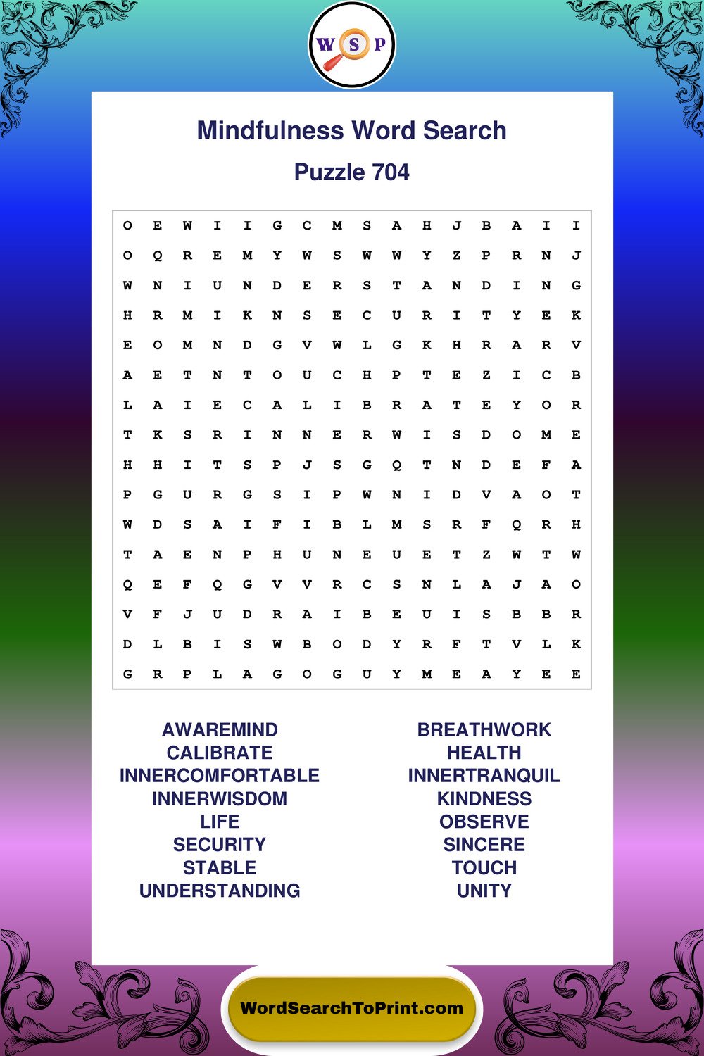 Mindfulness Word Search Puzzle 704
