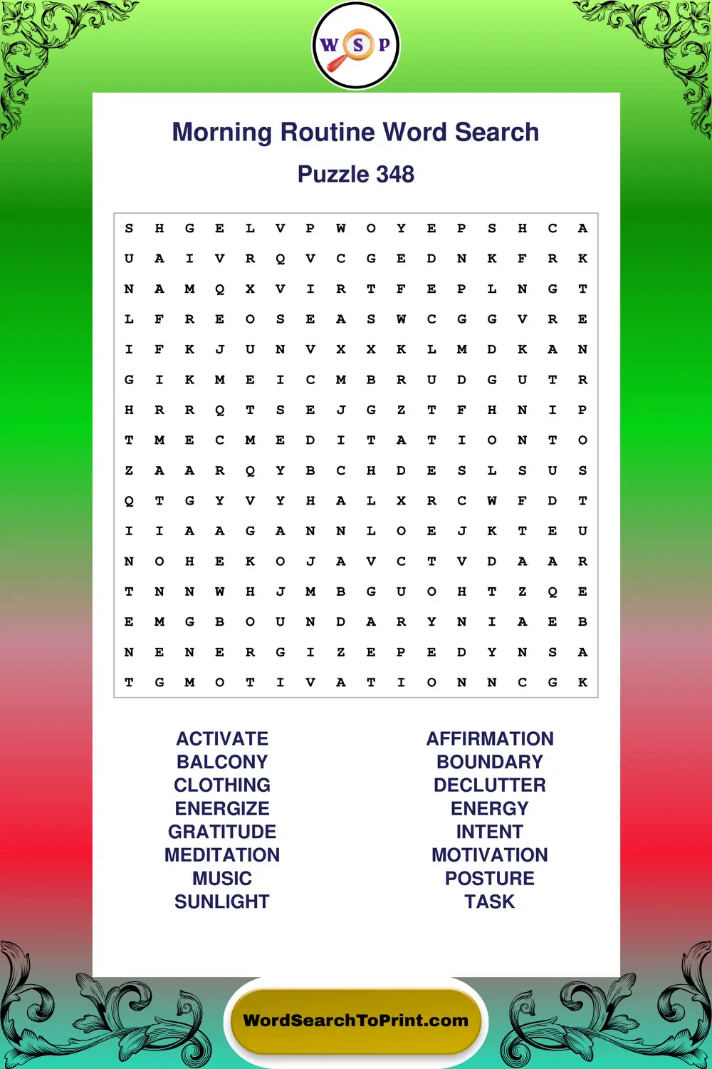 Morning Routine Word Search Puzzle 348