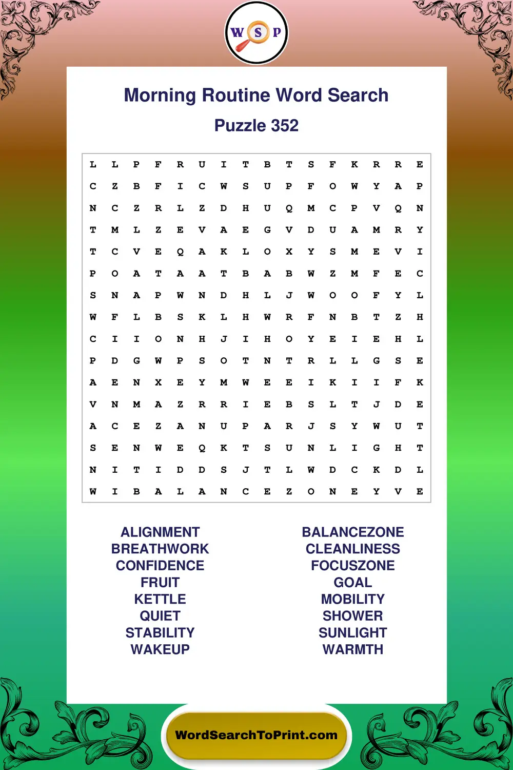 Morning Routine Word Search Puzzle 352