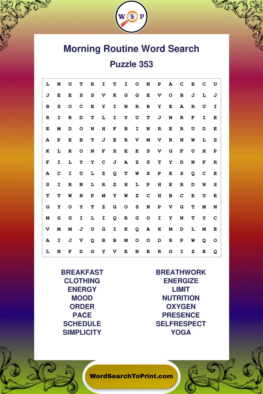 Morning Routine Word Search Puzzle 353