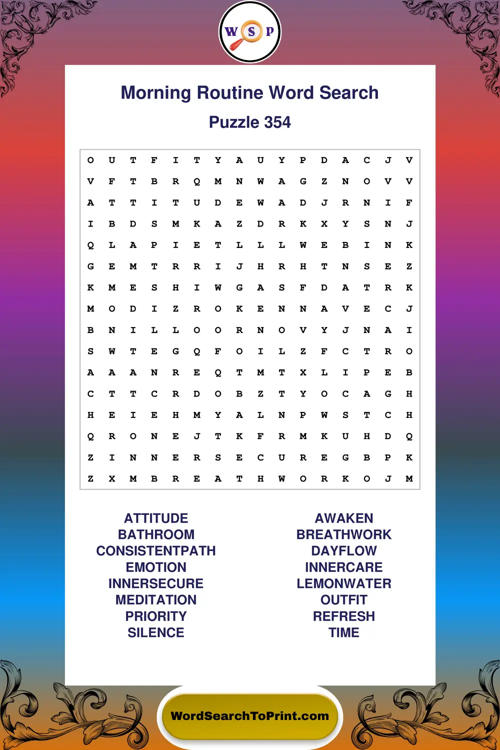Morning Routine Word Search Puzzle 354