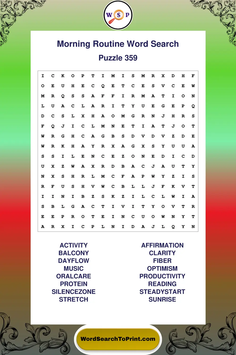 Morning Routine Word Search Puzzle 359
