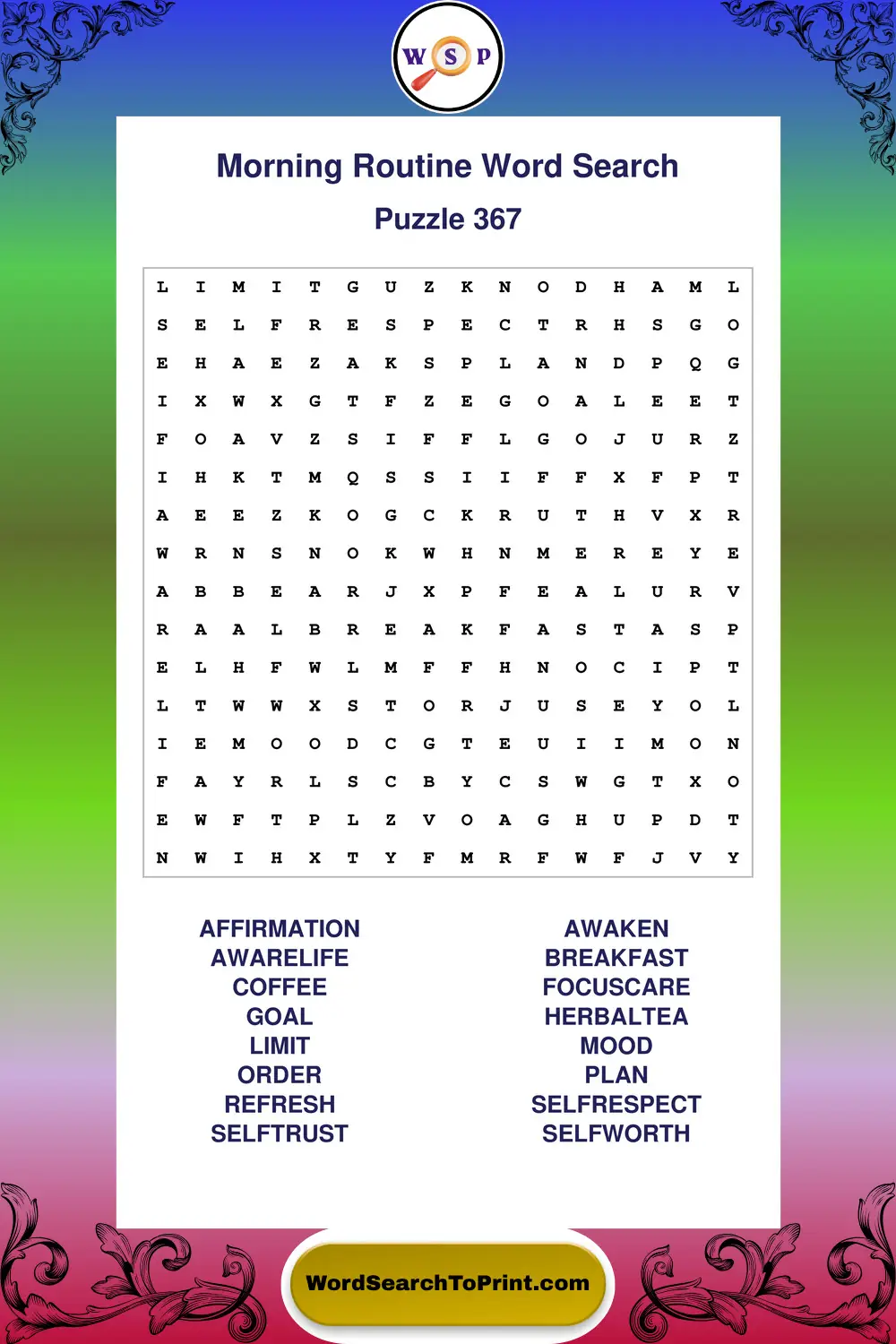 Morning Routine Word Search Puzzle 367