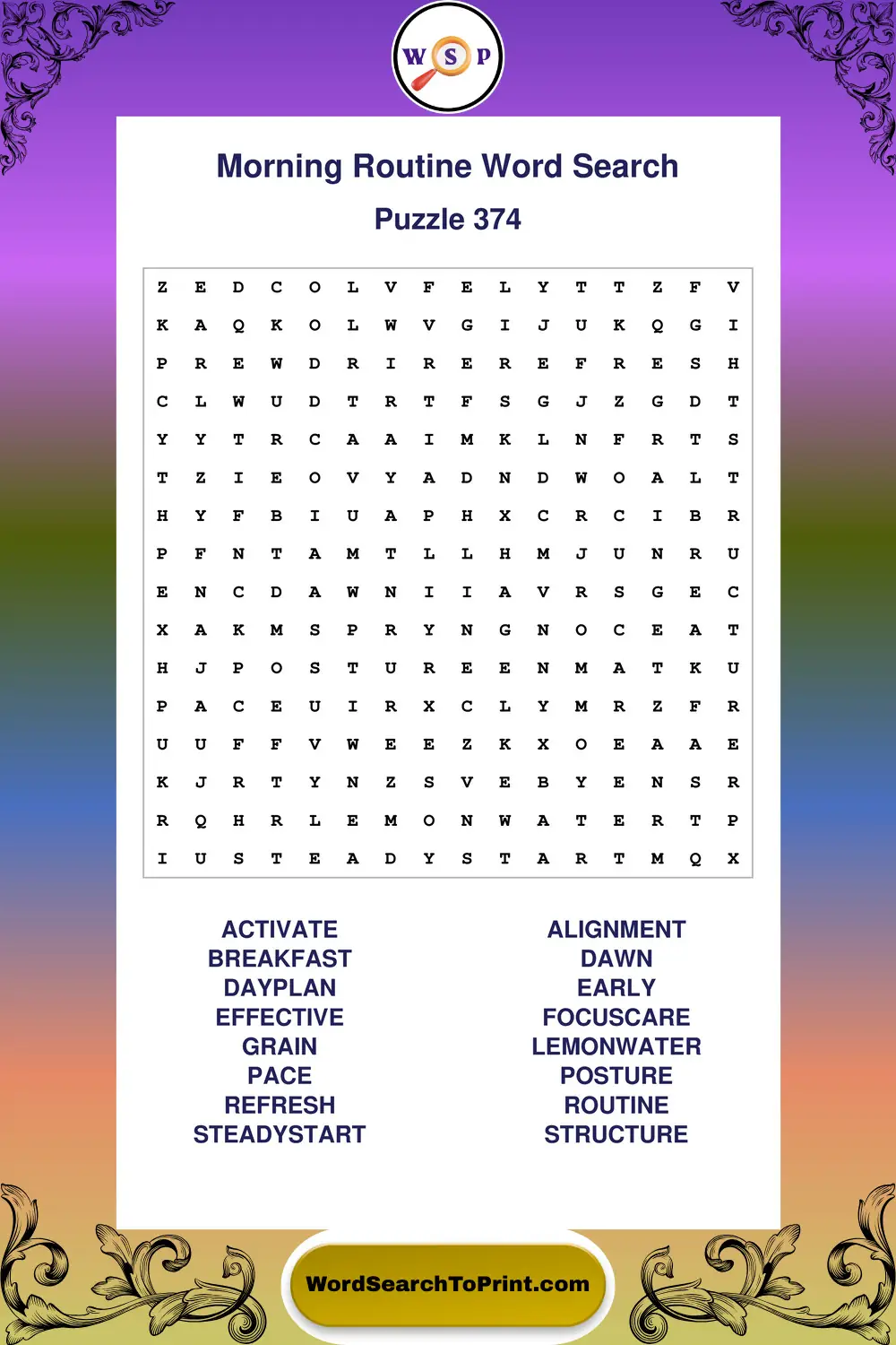 Morning Routine Word Search Puzzle 374