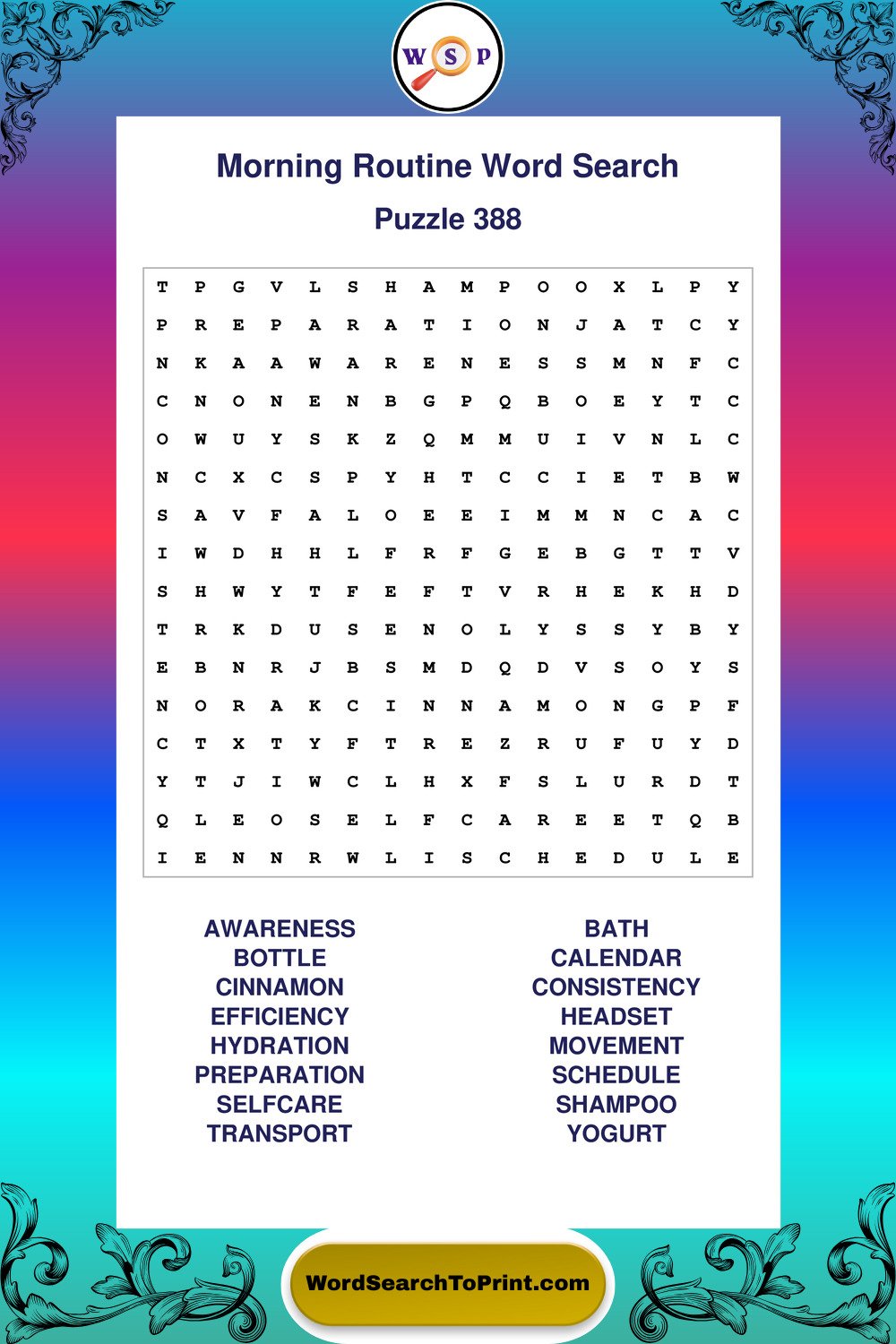 Morning Routine Word Search Puzzle 388