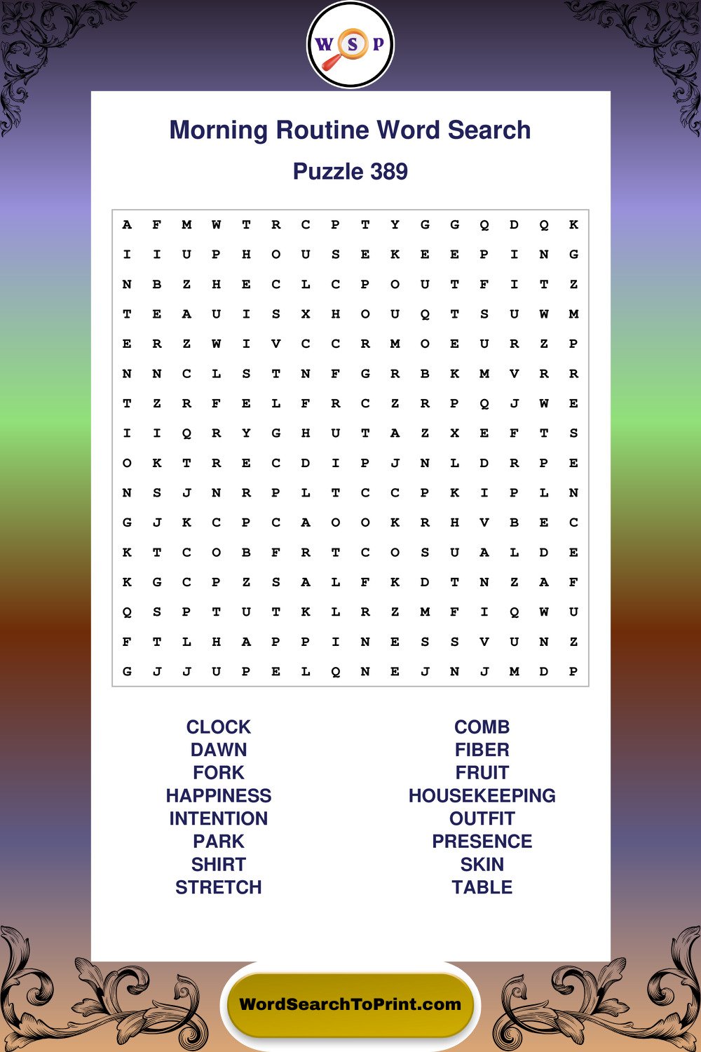 Morning Routine Word Search Puzzle 389