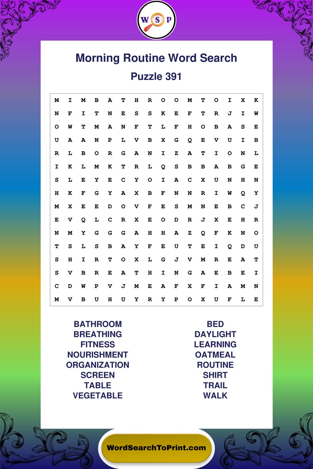Morning Routine Word Search Puzzle 391