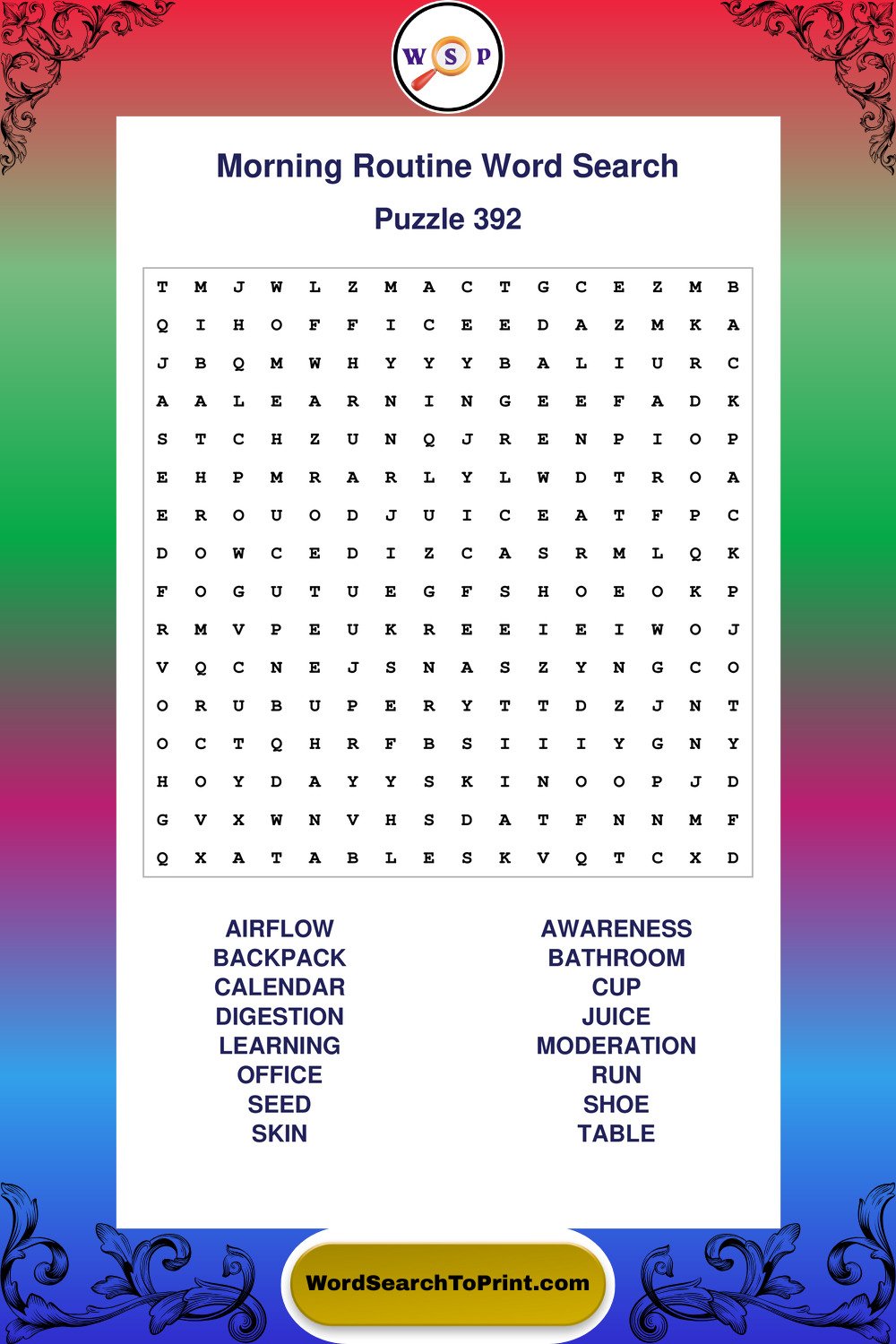 Morning Routine Word Search Puzzle 392