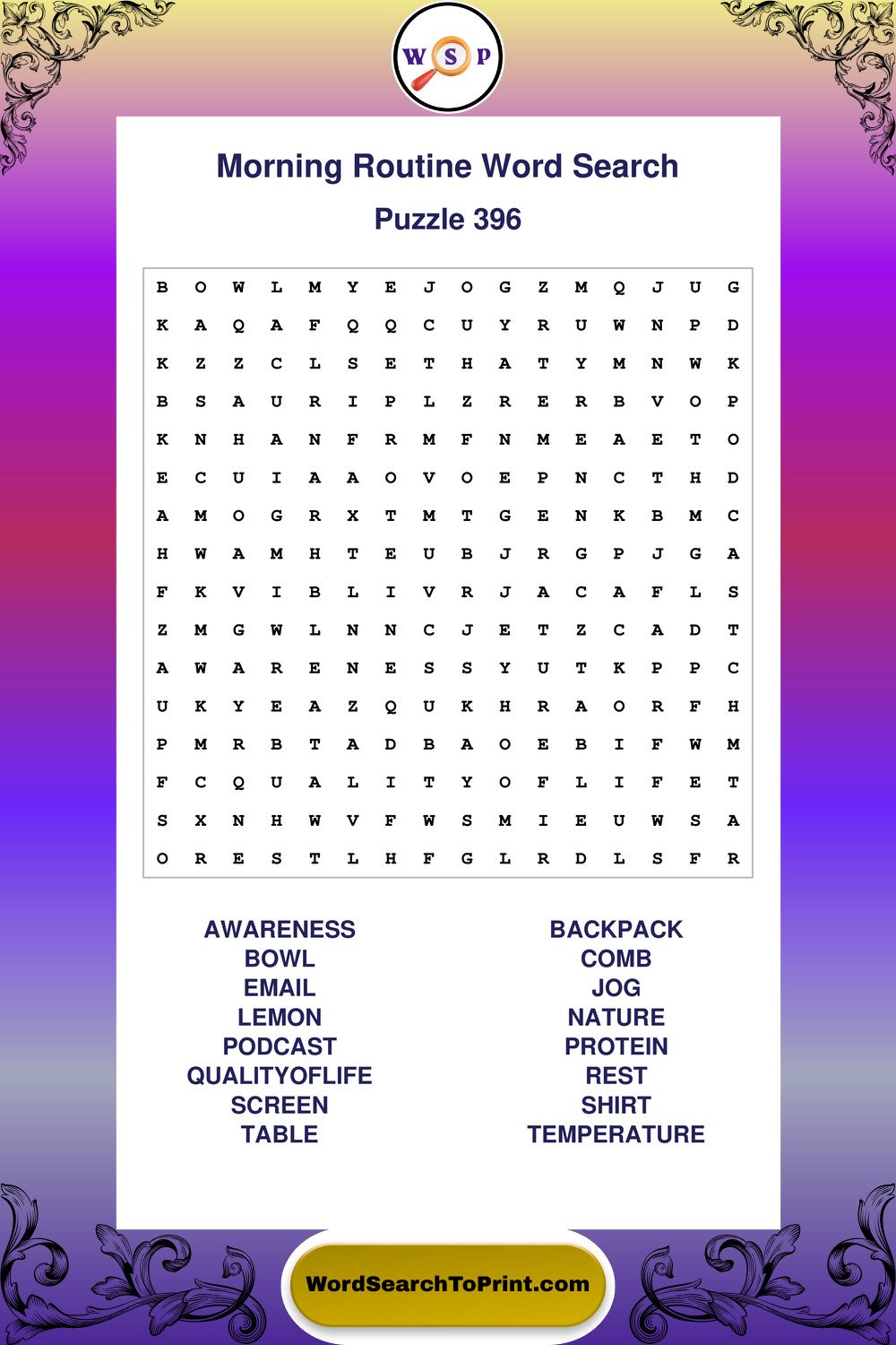 Morning Routine Word Search Puzzle 396
