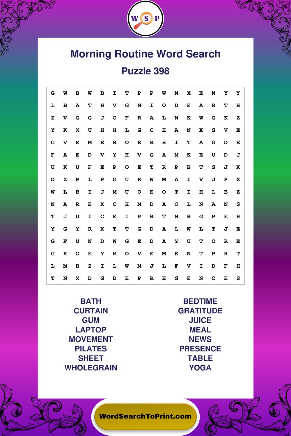 Morning Routine Word Search Puzzle 398