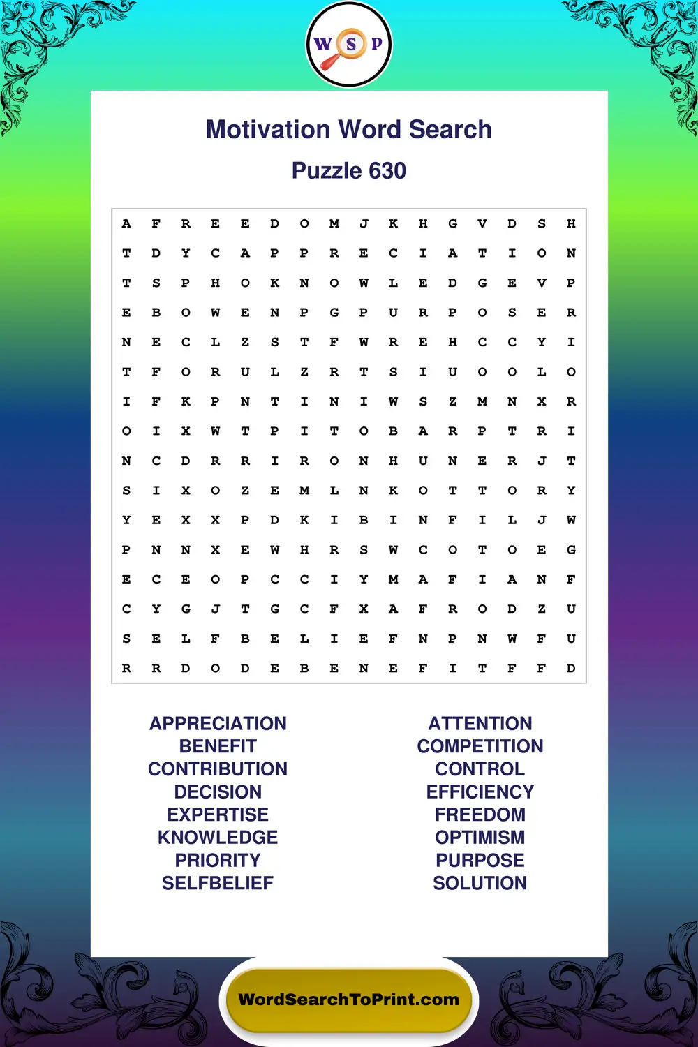 Motivation Word Search Puzzle 630