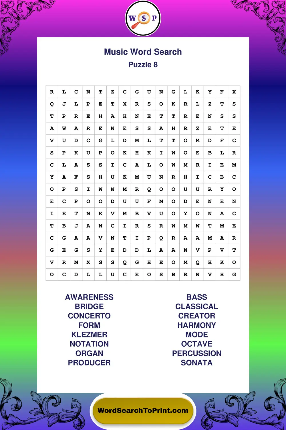 Music Word Search Puzzle 8