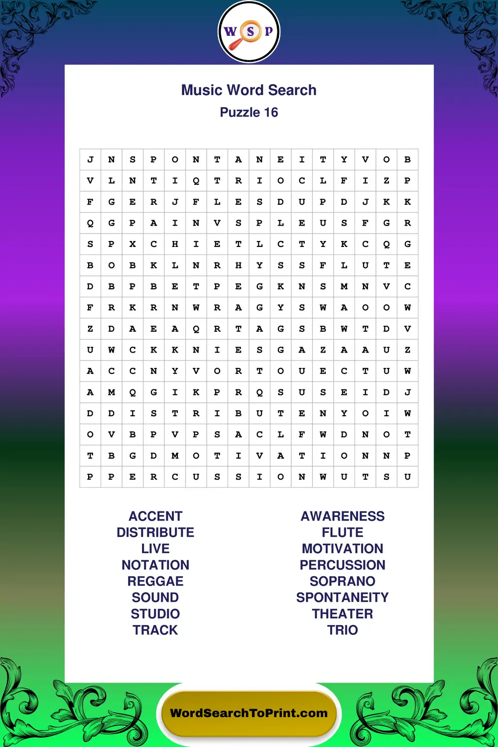 Music Word Search Puzzle 16