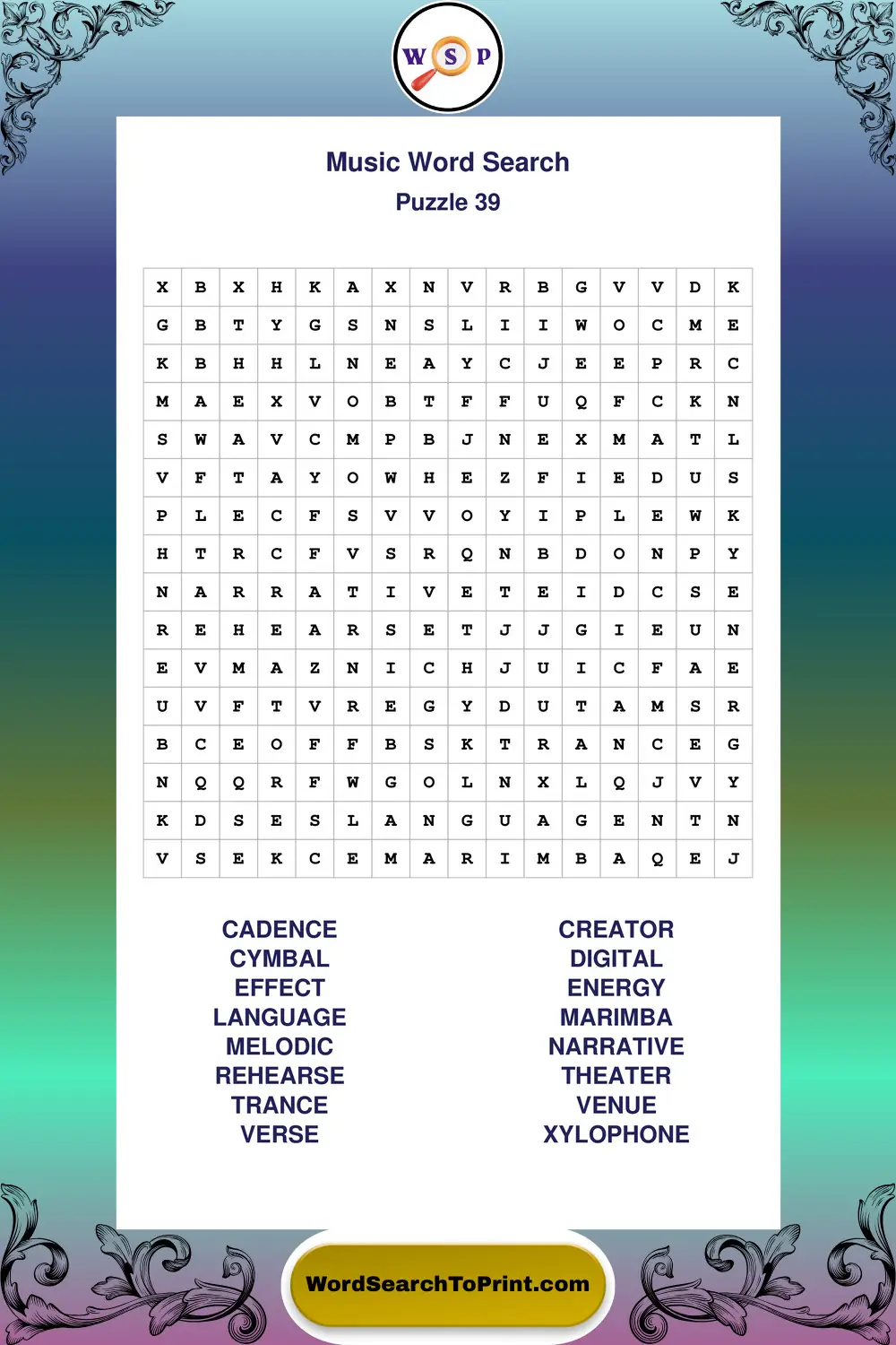 Music Word Search Puzzle 39