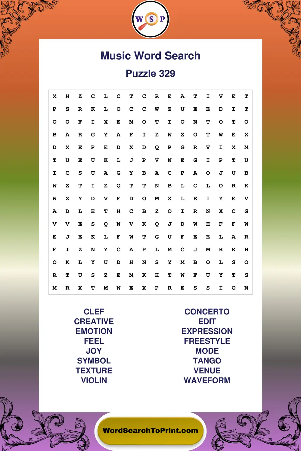 Music Word Search Puzzle 329